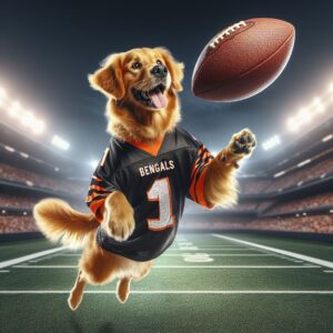 The golden retriever dog is wearing a Black jersey with the (((Bengals number 1))) on it. It (1)